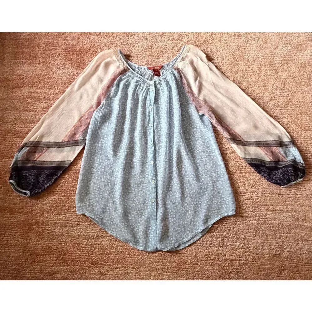 Sundance Silk Peasant Blouse Size S Blue Boho Sheer Floral Top